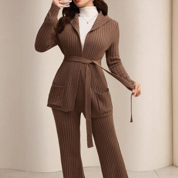 Camel Casual Women's Tie-Up Long Sleeve Knitted Cardigan And Knitted Pants Set - Picture 7 of 8